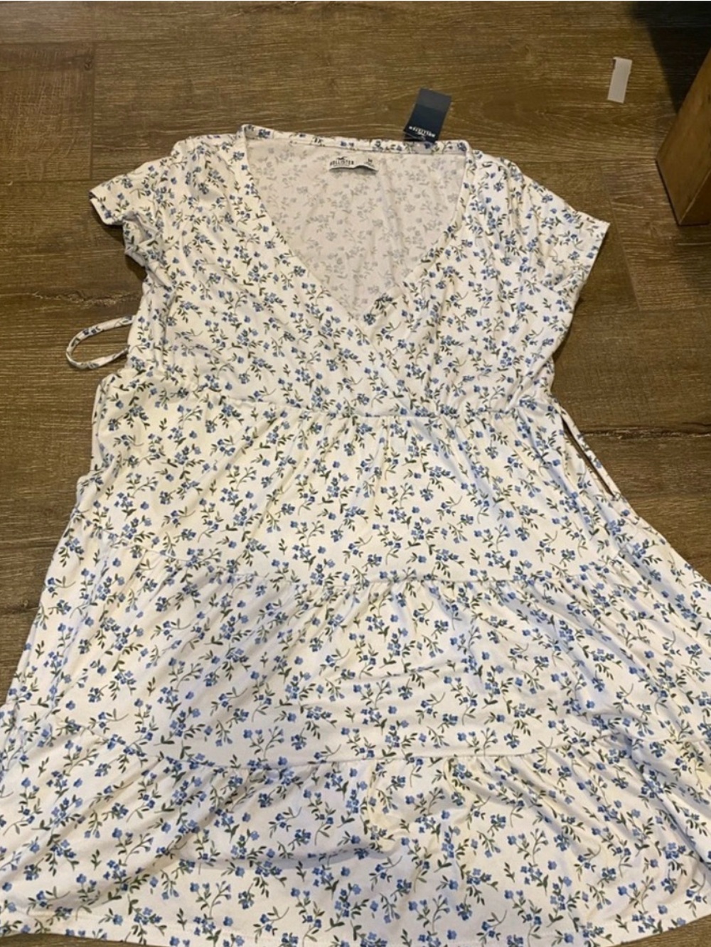 Hollister White Floral Wrap Dress with Blue and Green Print